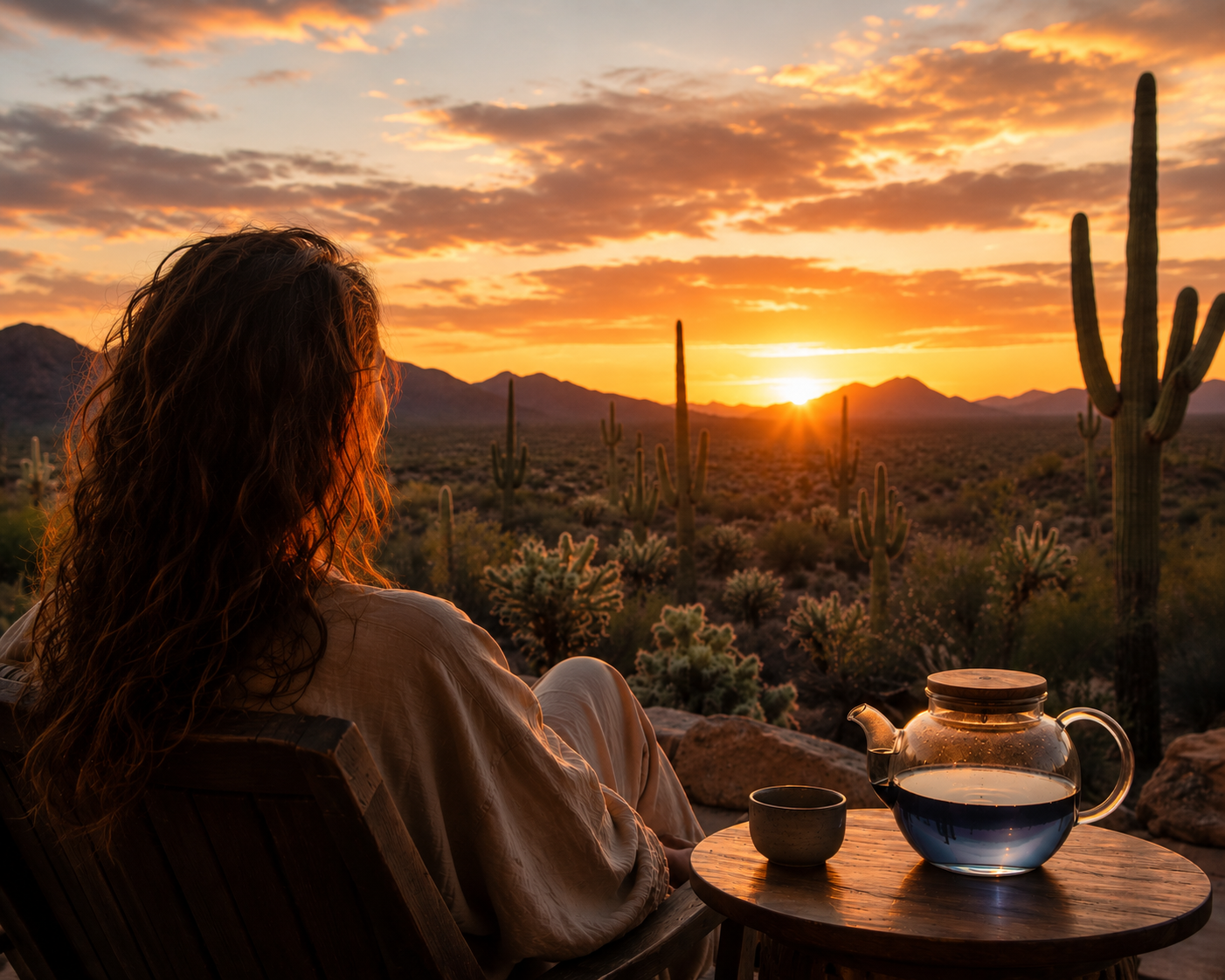 a woman overlooks the sonoran desert during sunset with butterfly peaflower tea in a clear glass teapot