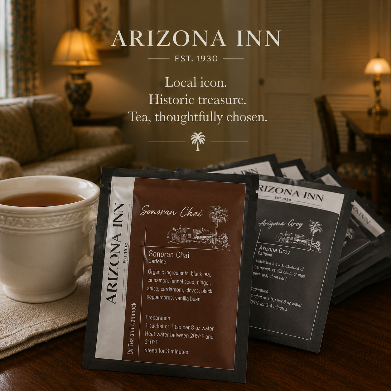 arizona inn hotel room on table in foreground we see tea & hammock featured teas