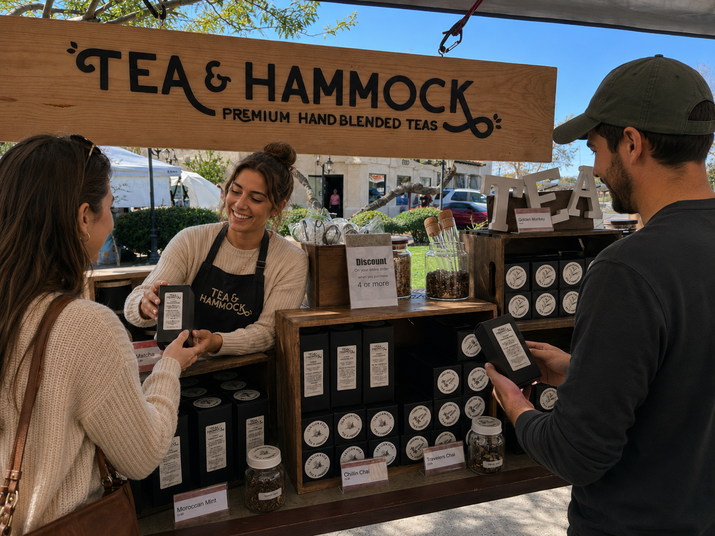 at the farmers market the tea & hammock booth employee discusses teas with two customers as the read the boxes