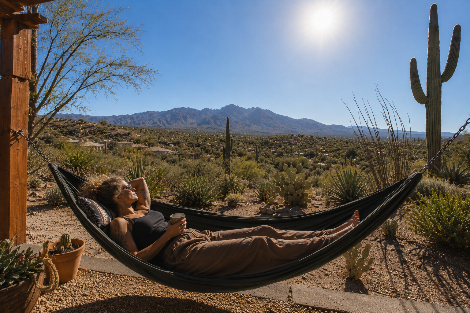 a woman lays in a hammock overlooking the sonoran desert, drinking a cup of tea