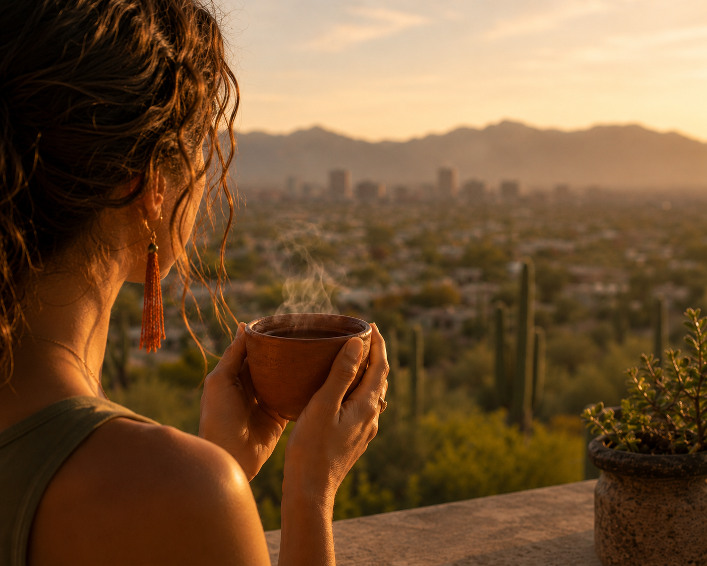 woman overlooking Tucson with clay teacup